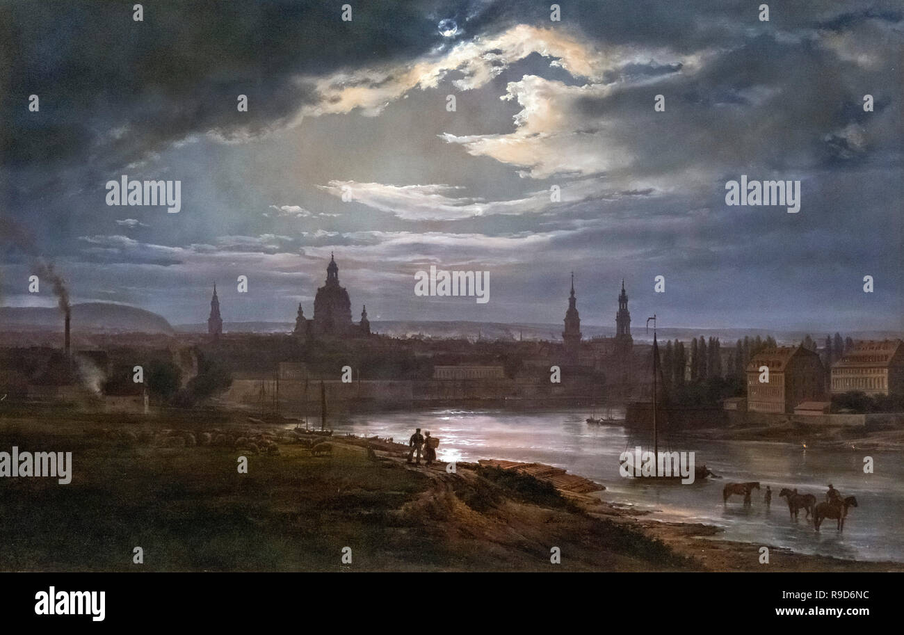 Dresden by Moonlight por J C Dahl (Johan Christian Claussen Dahl: 1788-1857), óleo sobre lienzo, 1843 Foto de stock
