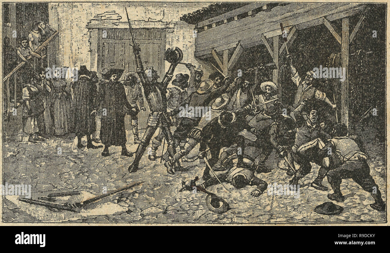 Terrible pelea con Holy Brotherhoo: Don Quijote novela escena. Ilustración de S. Calleja Edition publicada en 1916. Foto de stock
