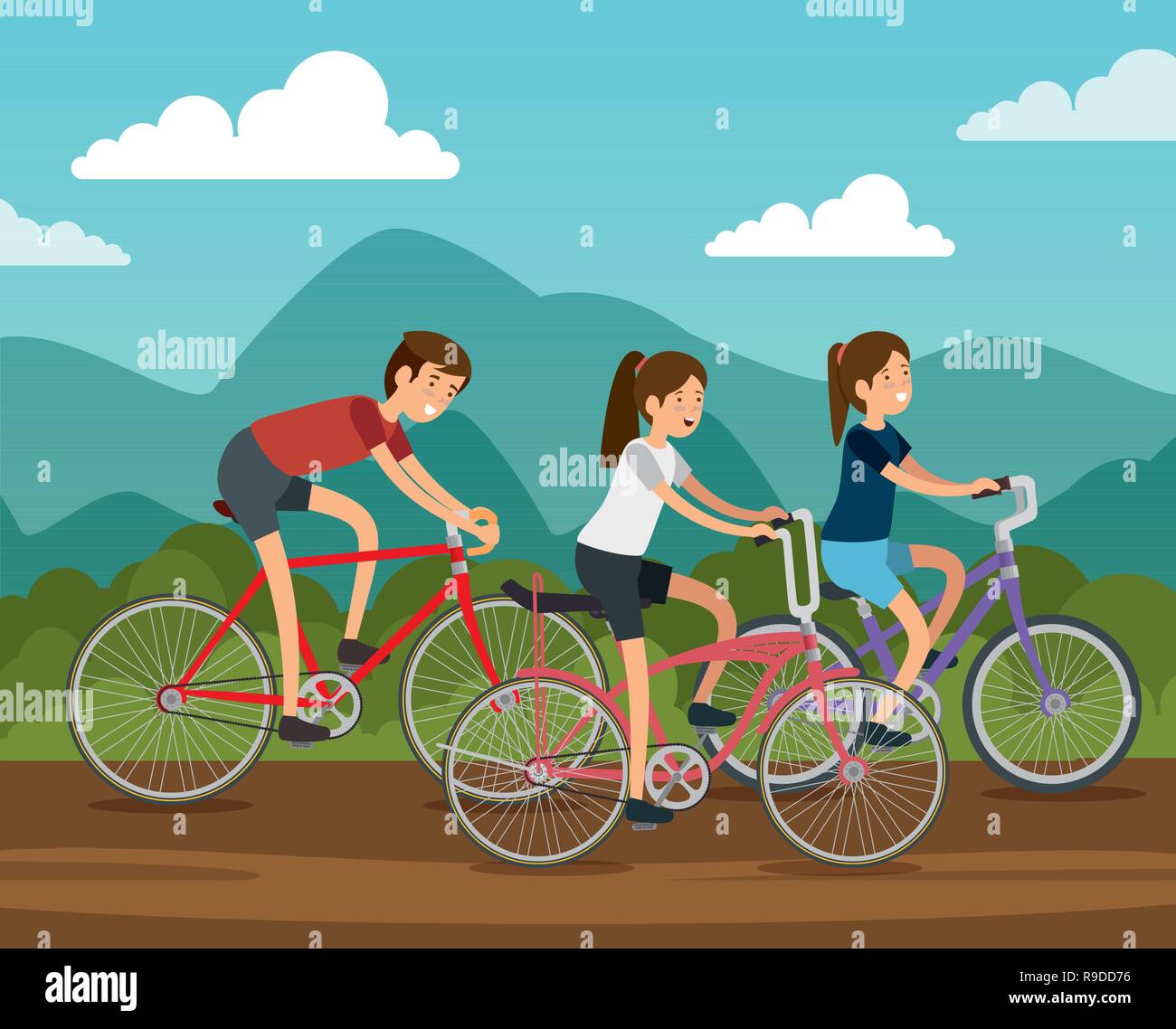 Amigos mujeres y hombre andar en bicicleta Imagen Vector de stock