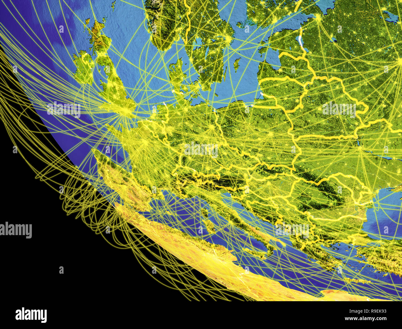 Europa central visible desde el espacio con las fronteras y las conexiones globales que representa la comunicación o los viajes aéreos. Ilustración 3D. Los elementos de t Foto de stock