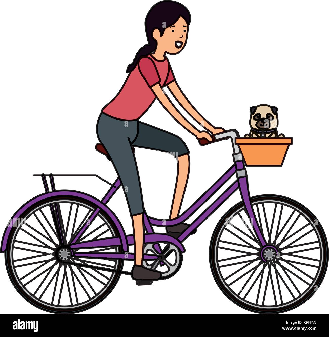 Mujer en bicicleta retro con el canasto y el perro Imagen Vector de stock -  Alamy