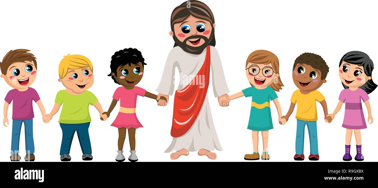 Dibujos Animados De La Mano De Jesus Con Ninos O Ninos Aislados Imagen Vector De Stock Alamy