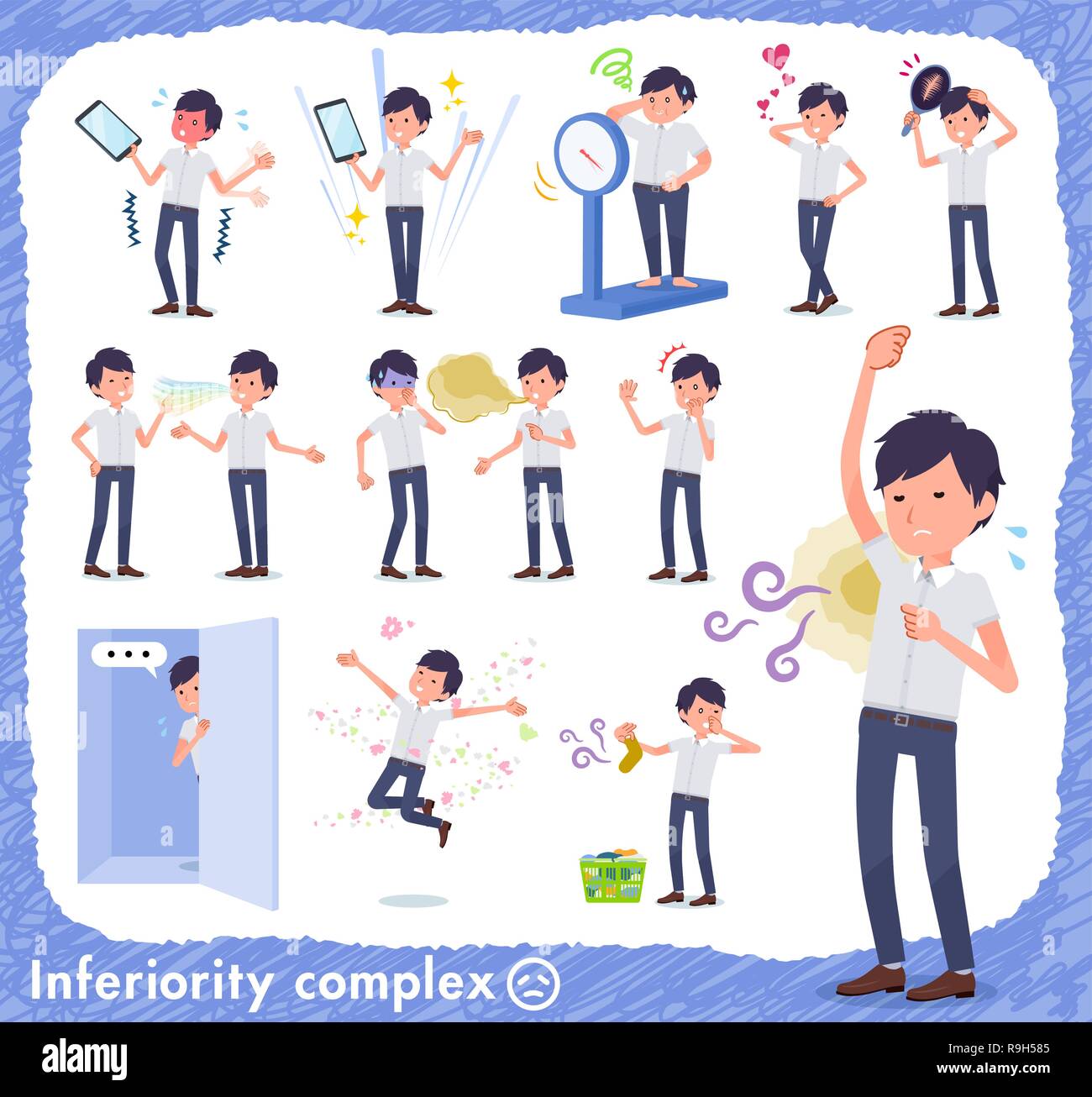 Un conjunto del empresario sobre el complejo de inferioridad.Hay acciones sufren de olor y aspecto.Es arte vectorial, así que es fácil de editar. Ilustración del Vector