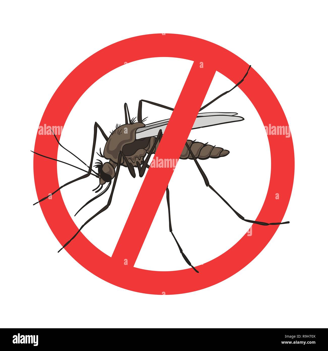 Parada signo de mosquito, vector de imagen en un círculo rojo tachado. Advertencia de mosquitos, prohibido firmar ningún mosquito Ilustración del Vector