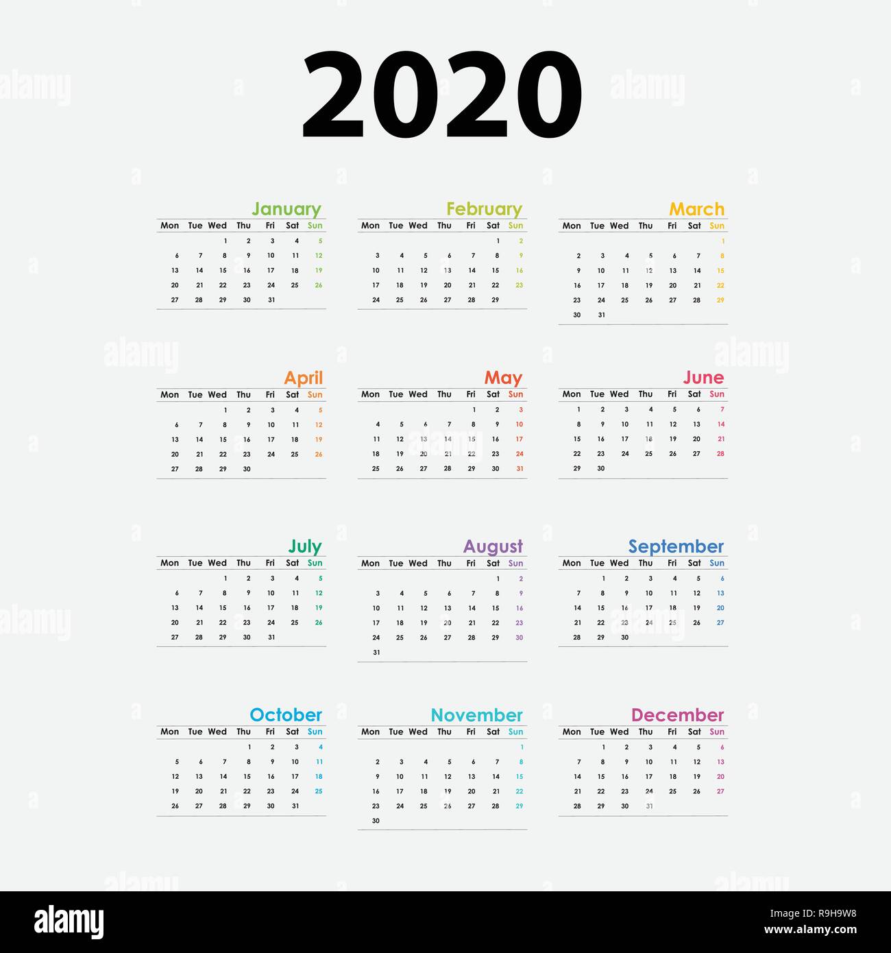 2020 Calendar Template Calendario 2020 De 12 Meses El Calendario Anual De Diseno Vectorial Papeleria Template Ilustracion Vectorial Imagen Vector De Stock Alamy calendario 12 meses