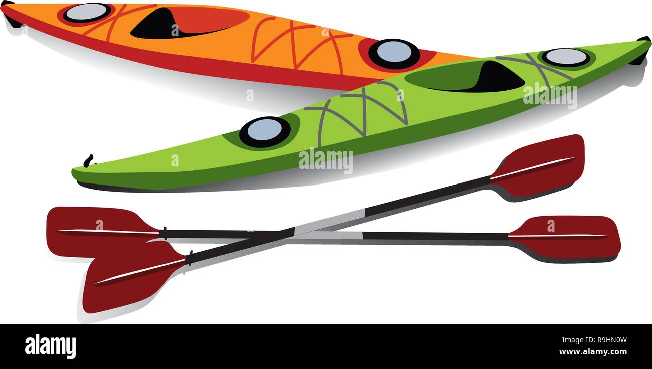 Ilustración plana de dos kayaks con remos en la orilla Ilustración del Vector