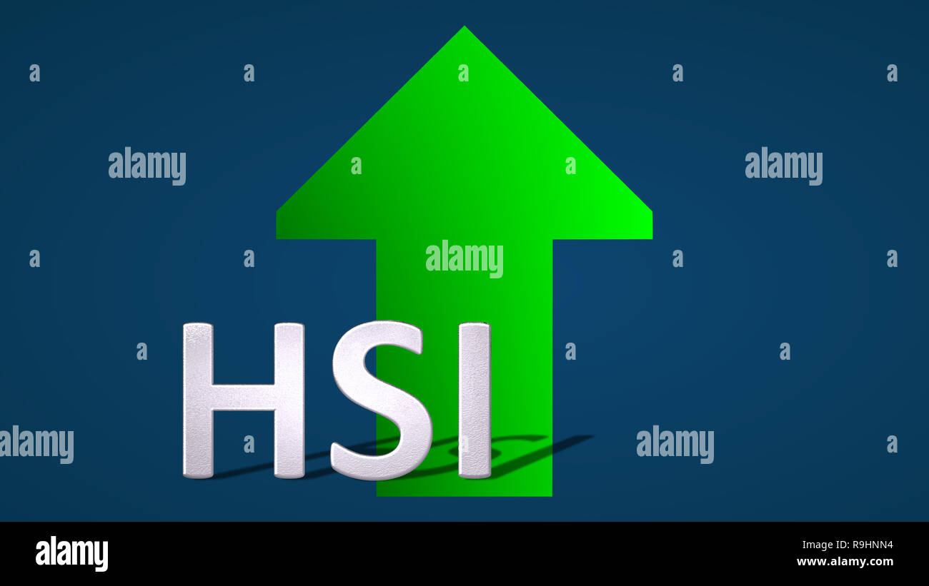cerrar Salón Múltiple La bolsa de Hong Kong el índice Hang Seng Index o HSI está subiendo. Una  flecha verde detrás de la etiqueta SMI sobre un fondo azul está mostrando  hacia arriba y Fotografía