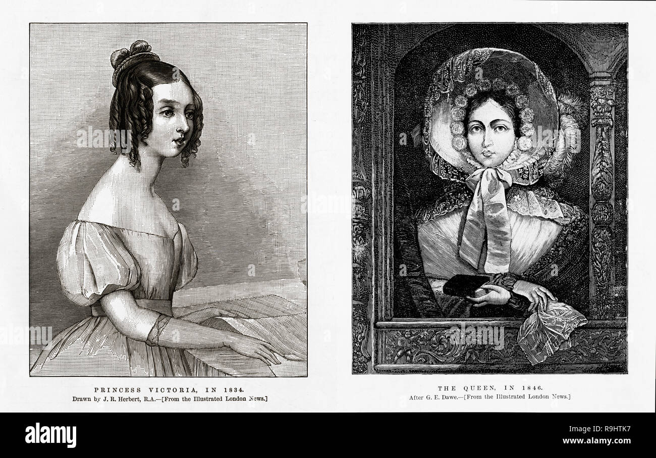 Los retratos dobles de la princesa y de la Reina Victoria. En1834 como princesa y en 1846 como reina. Estos dos retratos destacados en la edición del Jubileo el Illustrated London News, 13 de junio de 1887. Foto de stock