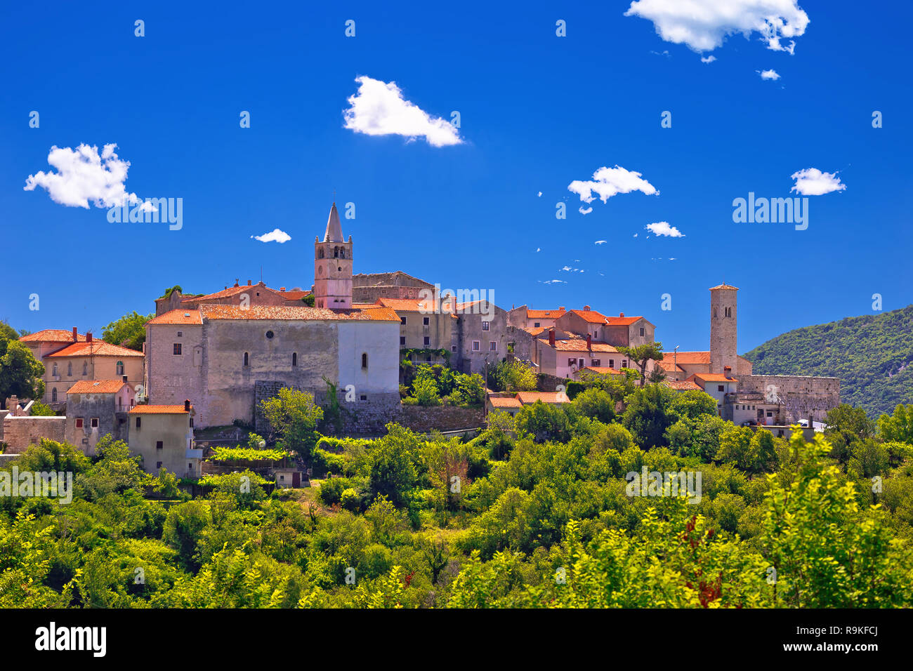 Idílico pueblo de piedra de Istria de Plomin en green hill view, región de Istria Croacia Foto de stock