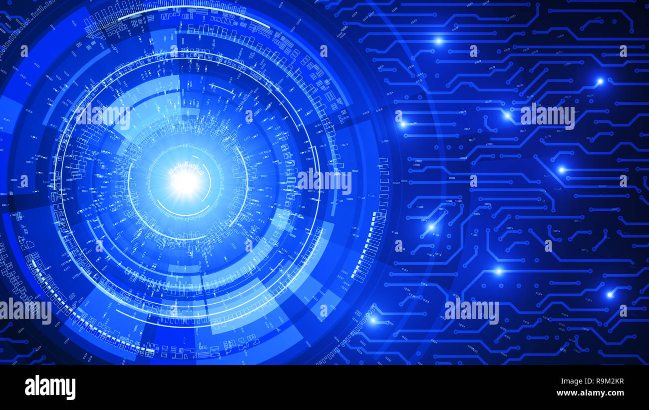 Placa de circuito de tecnología abstracto azul de fondo. Ilustración 3D. Foto de stock