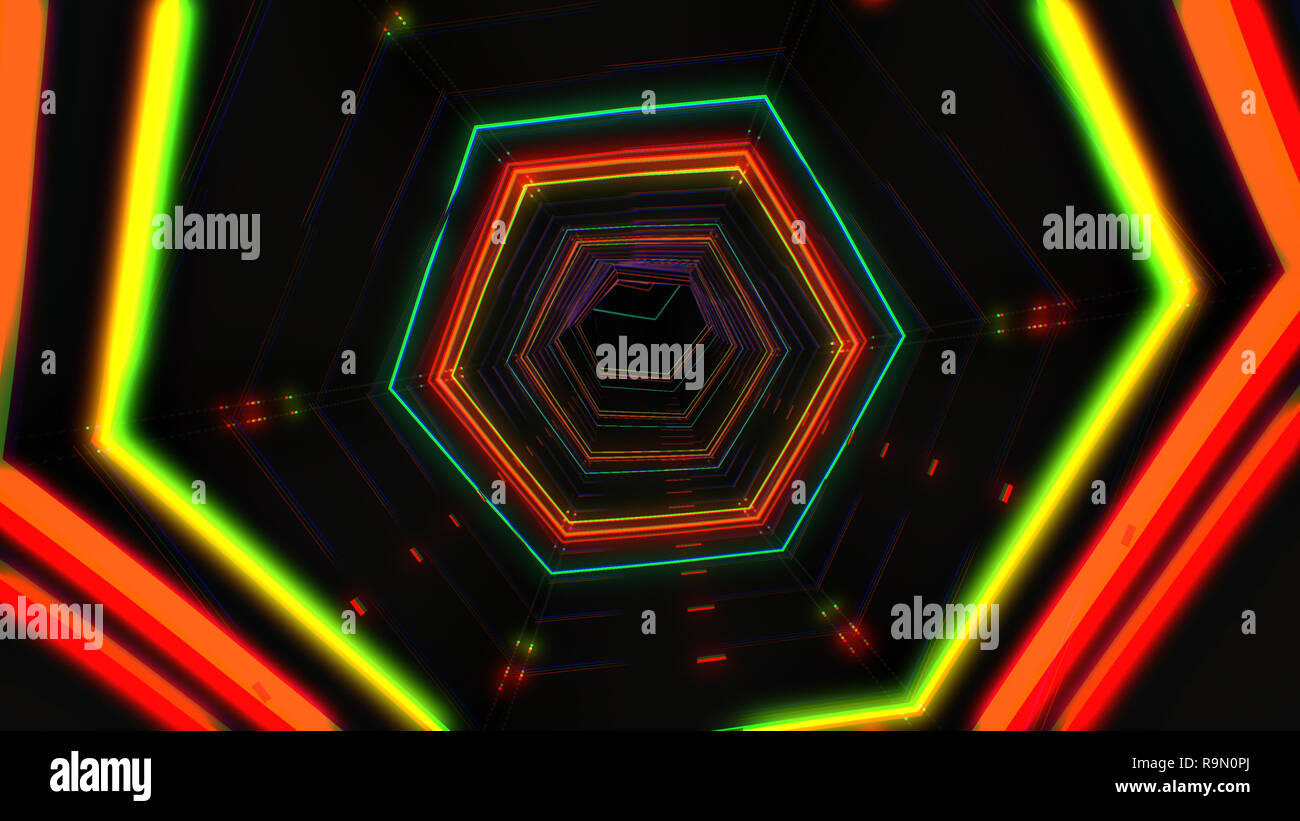 HUD futurista túnel hexagonal rojo VJ. 4K Neon motion graphics para LED, TV, música, show, conciertos. Brillante retro cosmic night club 3D ilustración con datos Foto de stock