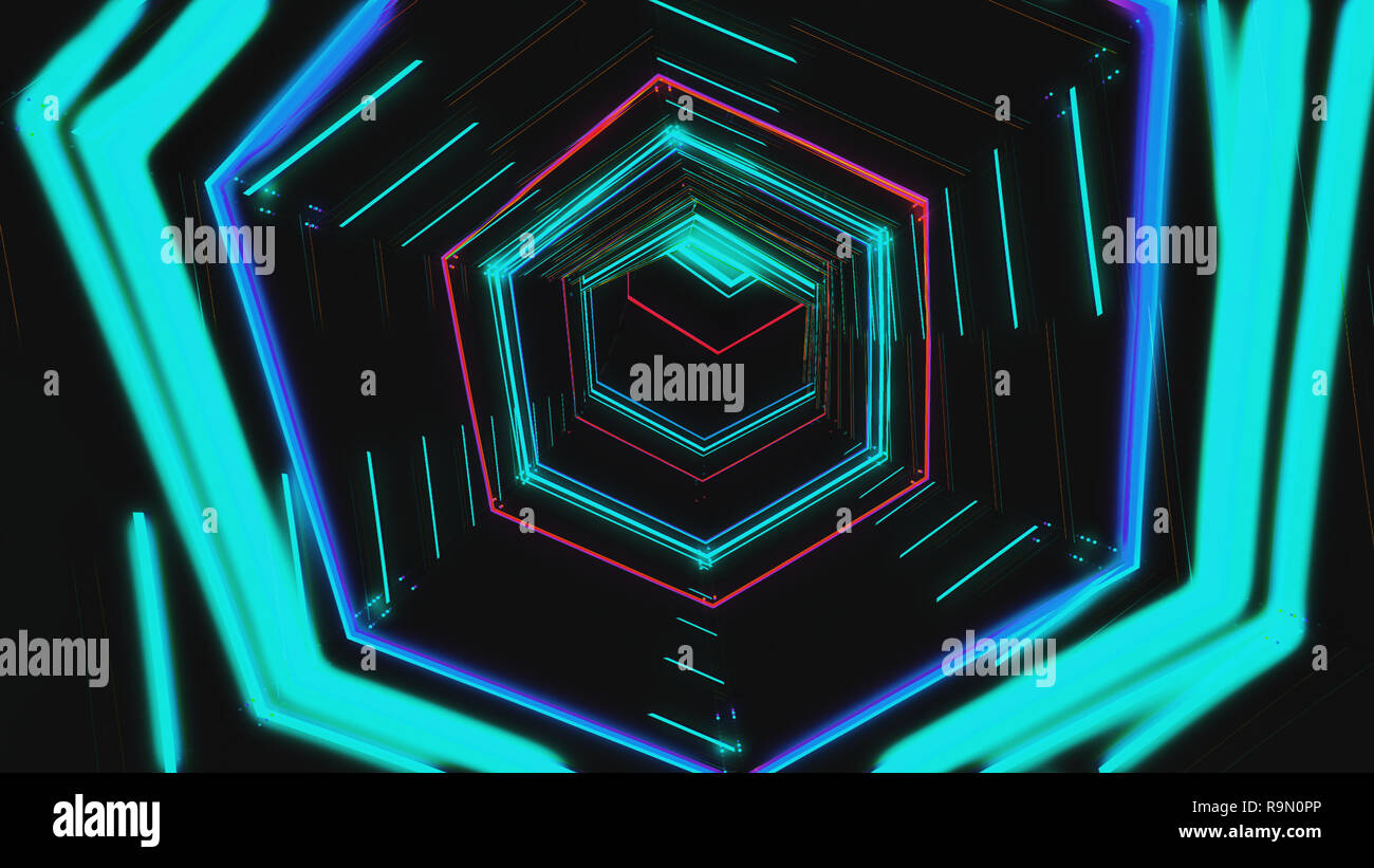 HUD futurista túnel hexagonal azul VJ. 4K Neon motion graphics para LED, TV, música, show, conciertos. Brillante retro cosmic night club 3D ilustración con dat Foto de stock