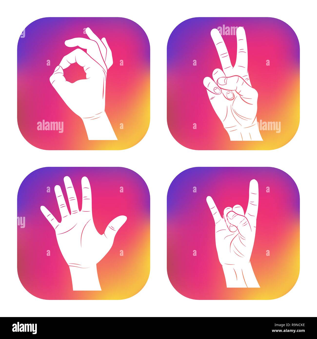 Conjunto de iconos con las manos. Nuevo diseño para aplicaciones web, redes sociales. Gesto aceptar firmar. La victoria. Palm. Roca. Ilustración del Vector