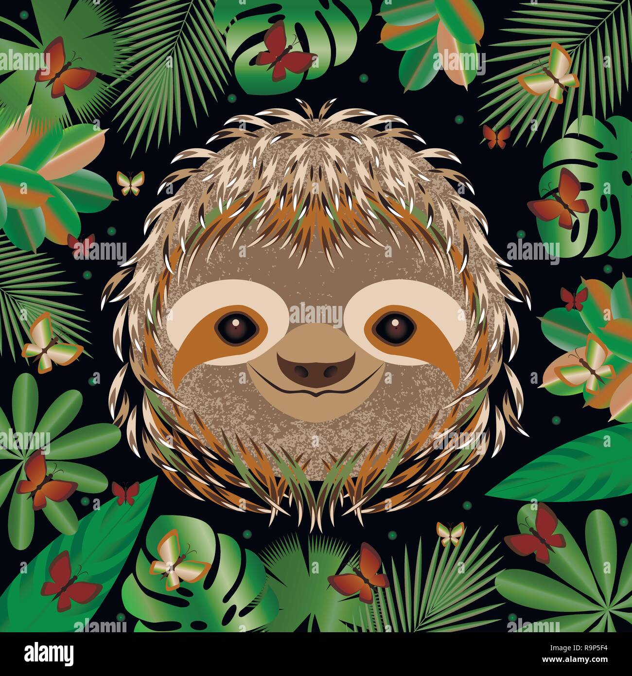 La pereza. La cara de la cabeza vertical. Lobos Grises. Estilo de dibujos animados. Animal sonríe. Bastidor de hojas de la jungla Ilustración del Vector