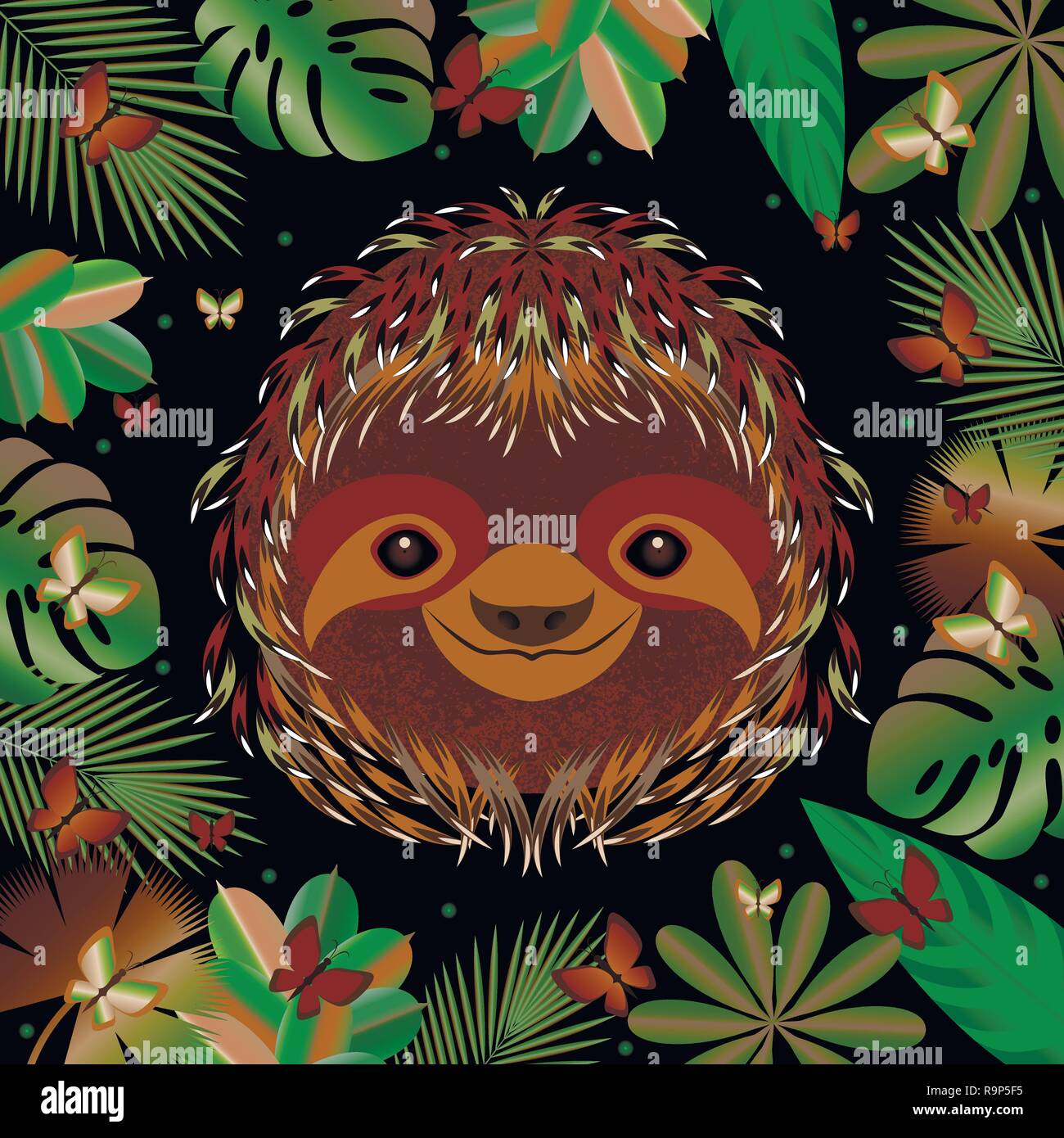 La pereza. La cara de la cabeza vertical. Pelaje marrón. Estilo de dibujos animados. Animal sonríe. Bastidor de hojas de la jungla Ilustración del Vector