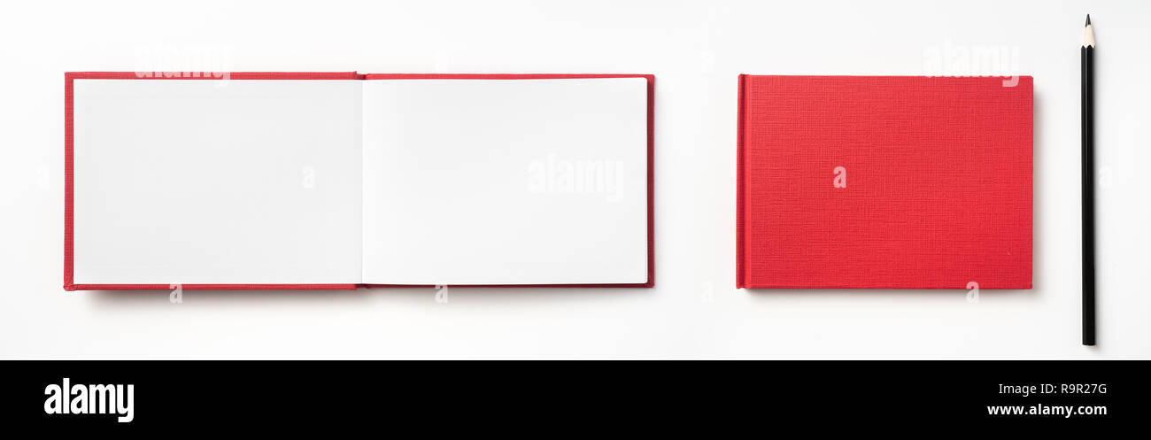 Concepto de diseño: vista superior del cuaderno de tapa dura roja y lápiz aislado sobre fondo de boceto Foto de stock