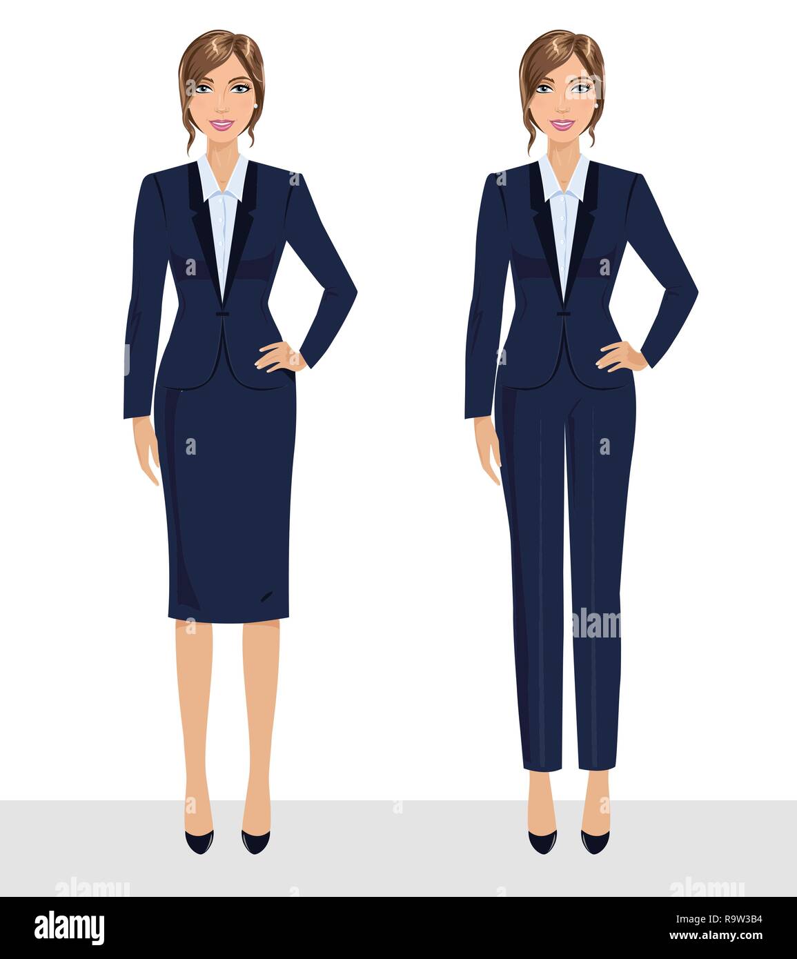 Goteo paleta Perjudicial Hermosa mujer de negocios elegante en ropa formal. Armario base, femenino,  código de vestimenta corporativa. Colección de Retratos de longitud  completa de la mujer de negocios Imagen Vector de stock - Alamy