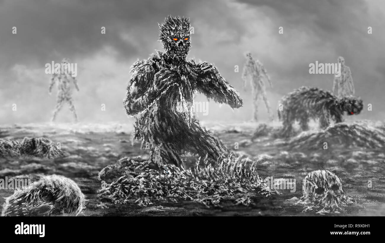 Miedo zombie se sienta y come. Fondo blanco y negro. Ilustración en el género de terror. Foto de stock