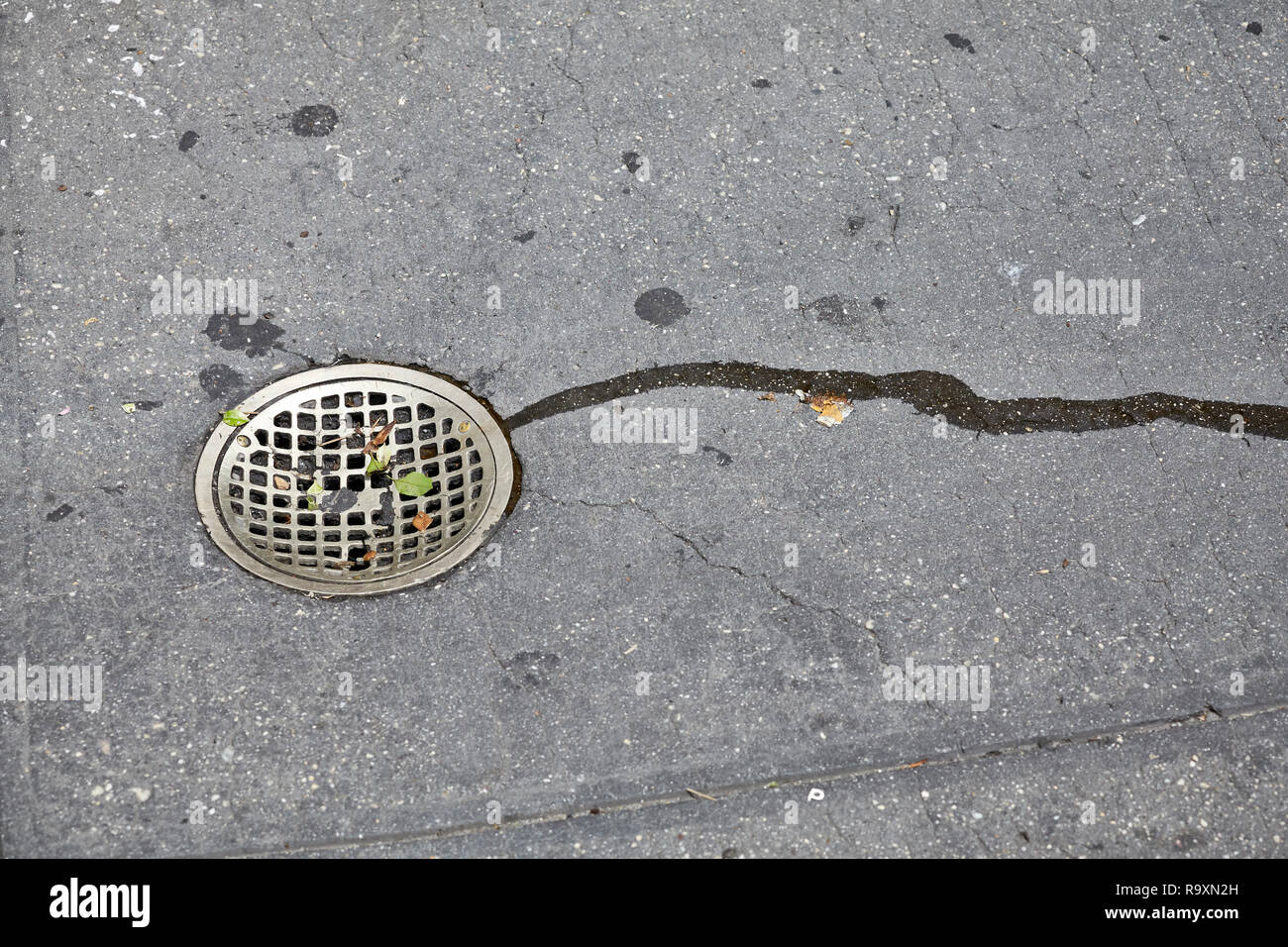 Rejilla de drenaje de aguas lluvia en una calle de Nueva York, EE.UU. Foto de stock