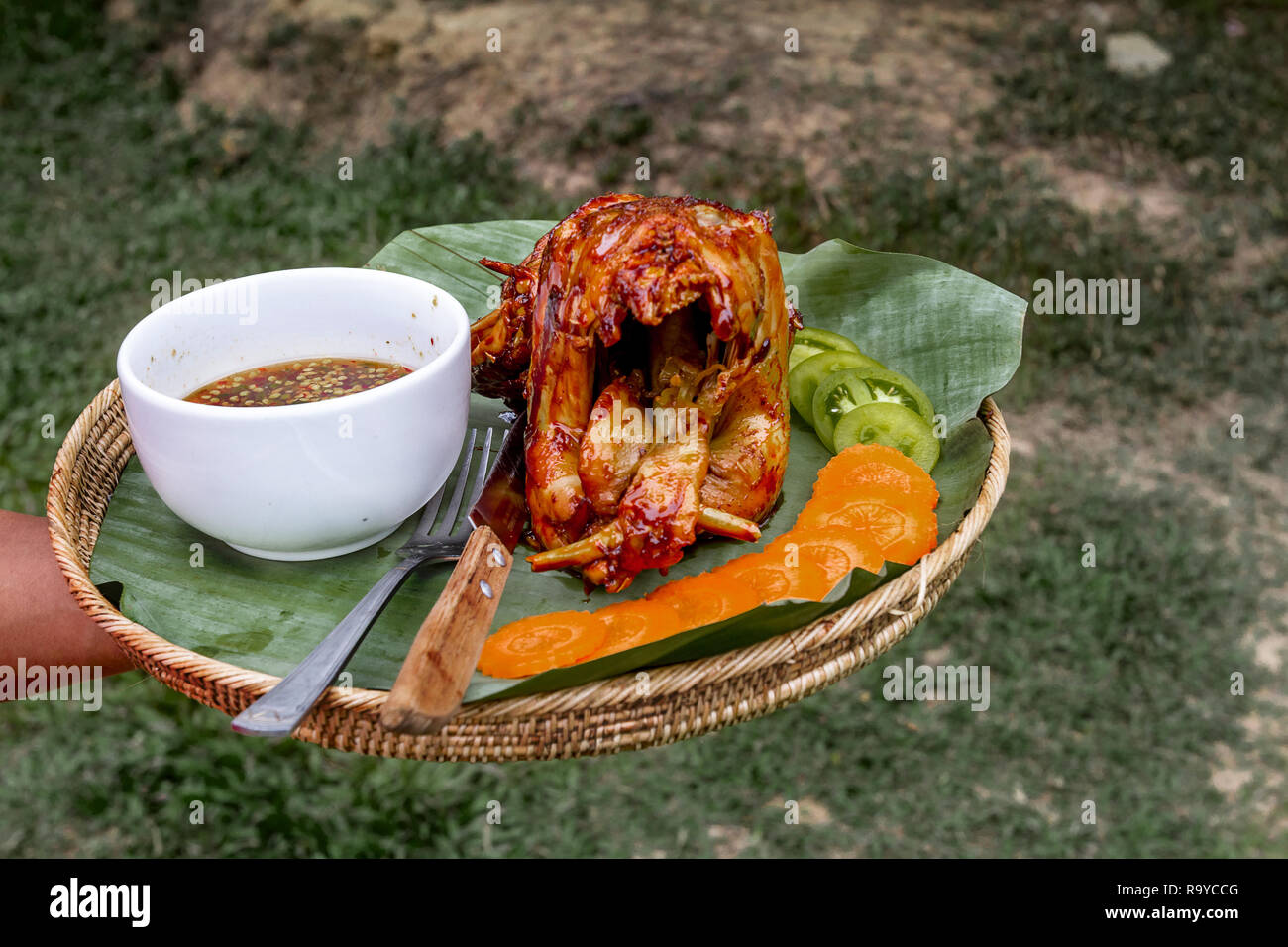 Auténtica comida camboyana a menudo se sirve al aire libre como para este  pollo con zanahorias, tomates y salsa verde Fotografía de stock - Alamy