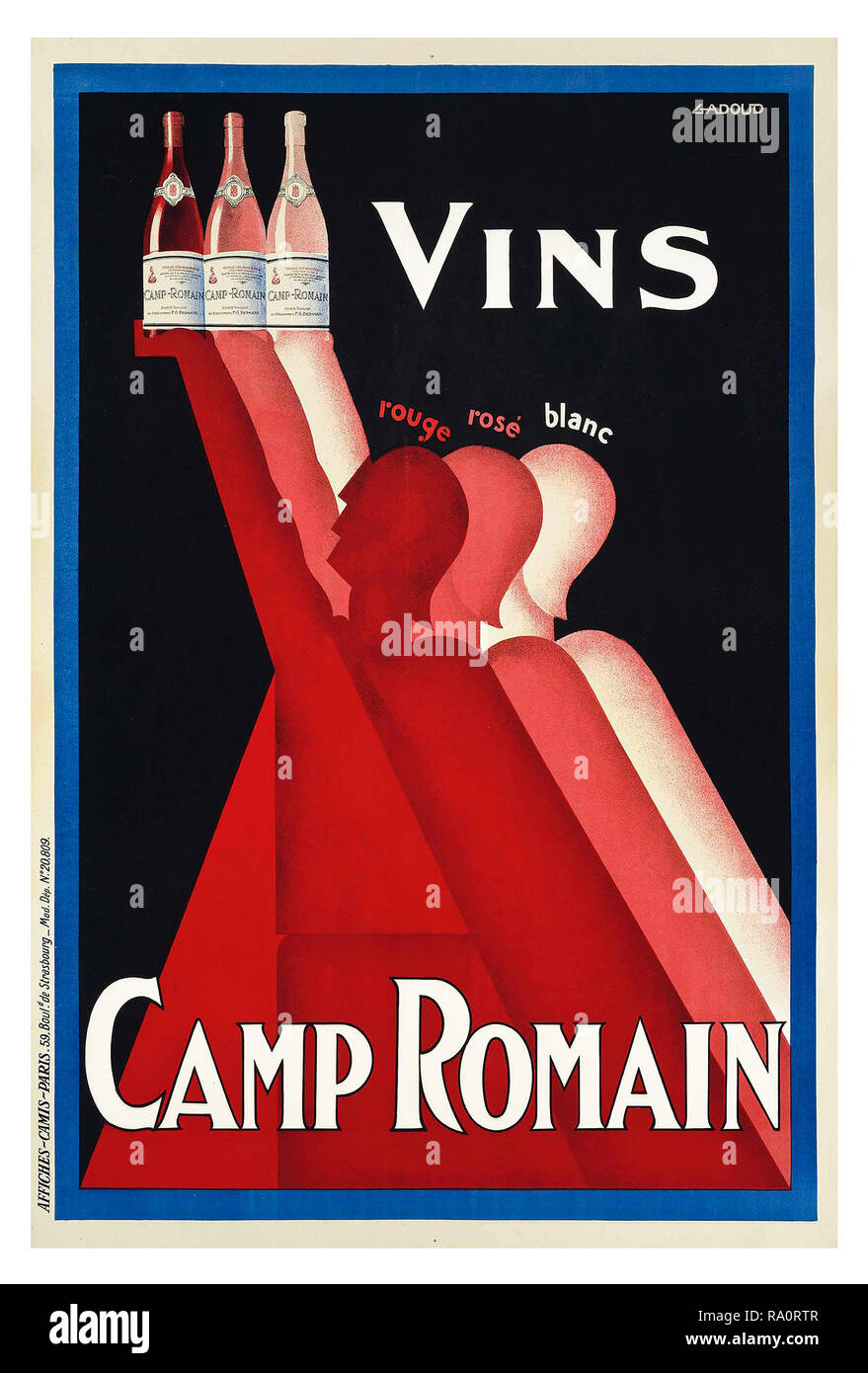 Vintage 1930 Vino Francés Poster Art Deco "Vins Camp Romain' vino, artista L. Gadoud para publicitar la marca de vino francés "Vins Camp Romain' que muestra a tres soldados romanos la celebración de tres tipos de botellas de vino tinto, rosado, blanco, rosado 'rouge blanc' Francia Foto de stock