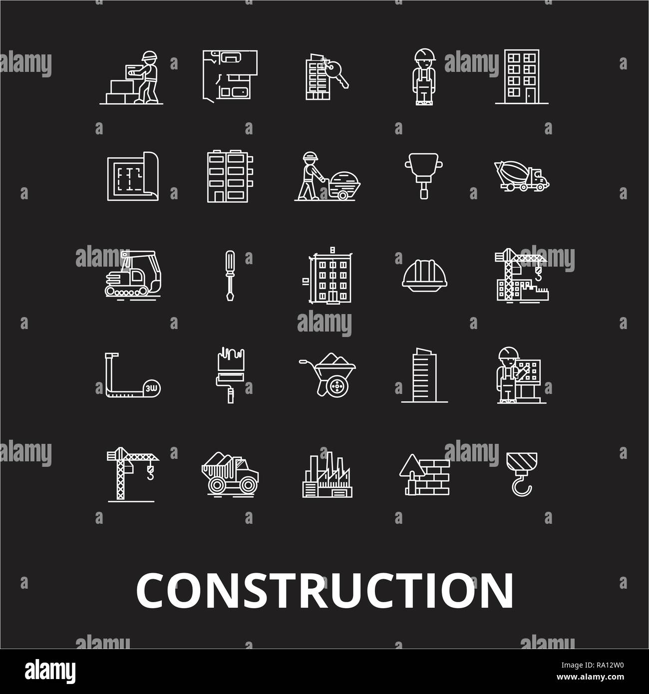 Construcción de línea editable vector iconos conjunto sobre fondo negro. Construcción contorno blanco ilustraciones, signos, símbolos Ilustración del Vector