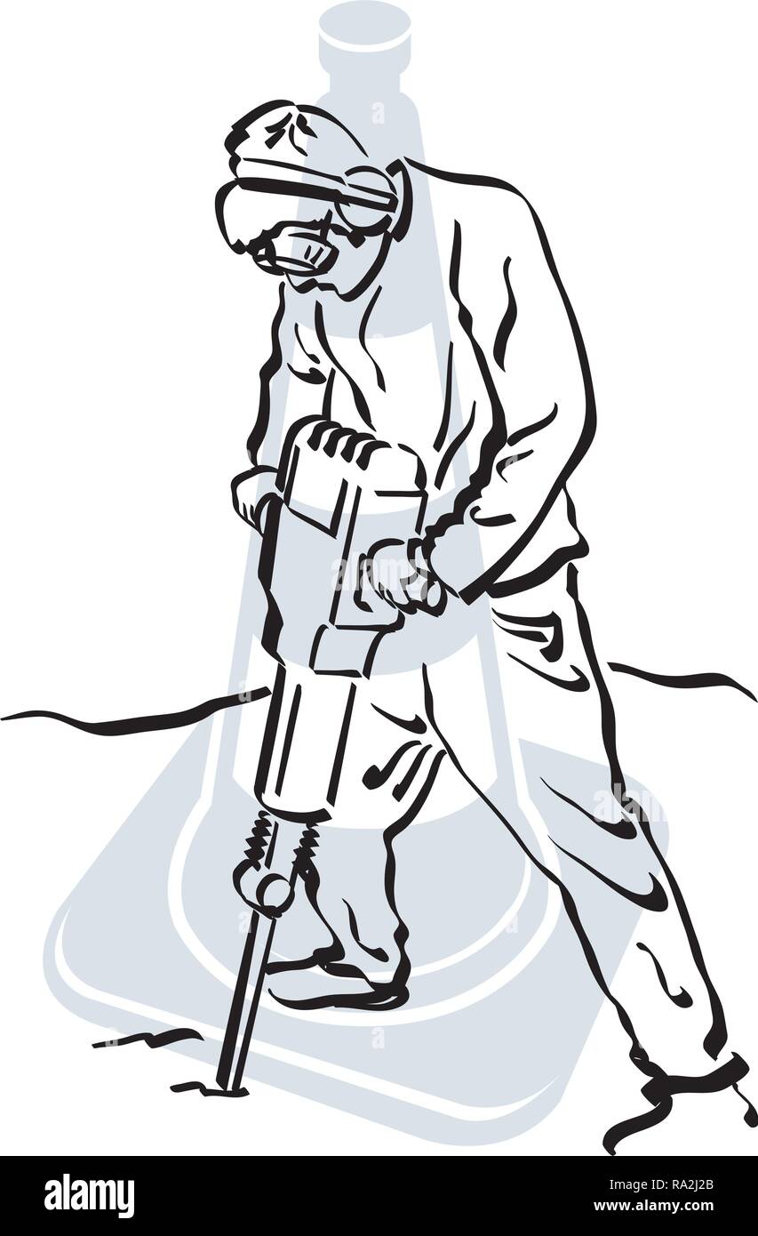 Ilustración de un trabajador de la carretera que está utilizando un martillo neumático sobre una calzada Ilustración del Vector