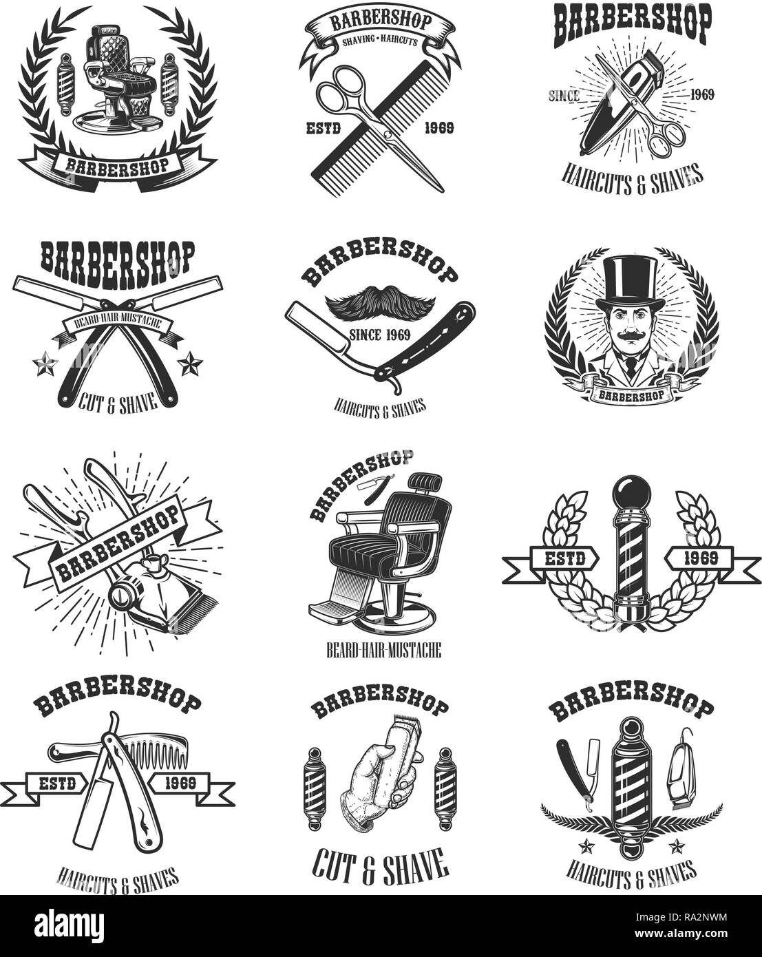 Conjunto De Vintage Barber Shop Los Emblemas Insignias Y Elementos De Diseno Para El Logotipo La Etiqueta El Cartel Ilustracion Vectorial Imagen Vector De Stock Alamy