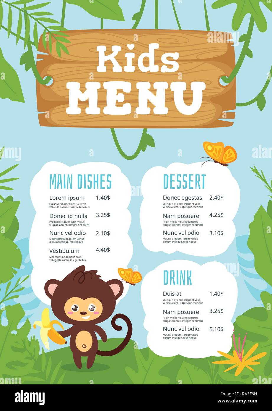 Plantilla de diseño de menú de comida para niños con carácter lindo mono en la selva de fondo