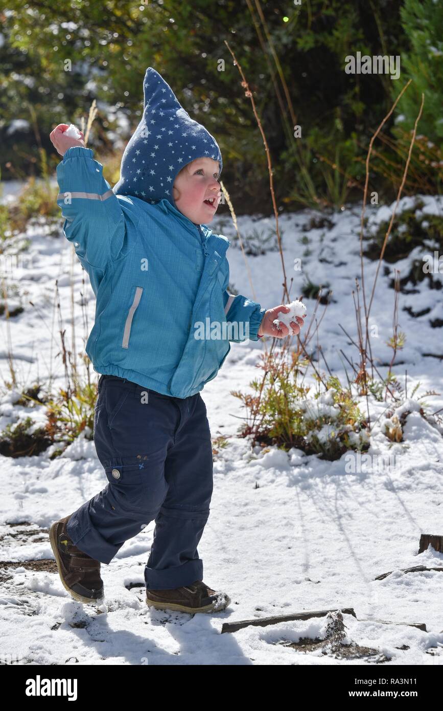 Niño en Lucha de bola de nieve, Alemania Foto de stock