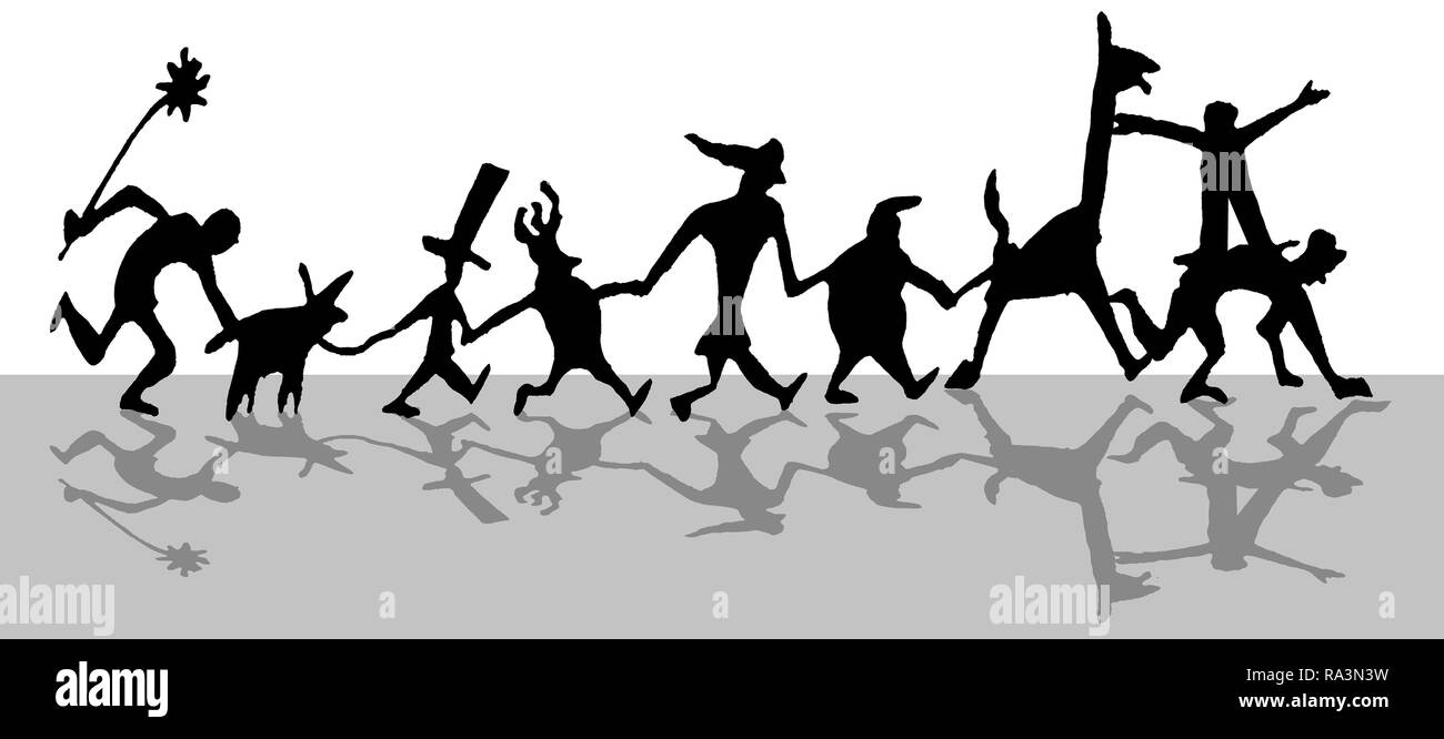 Figuras extrañas en una fila, las personas y los animales, silueta ...