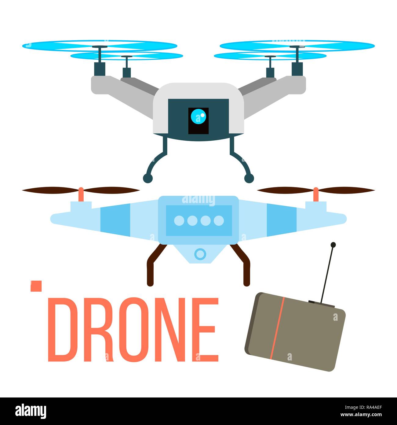 Drone Vector. Antena remota Quadcopter. Foto, Video, entrega. Plano aislado  Cartoon ilustración Imagen Vector de stock - Alamy