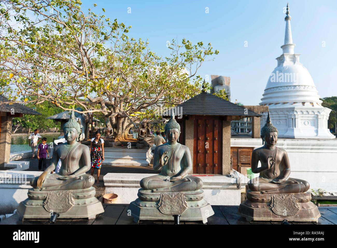 Estatuas de Buda, dorso blanco Dagoba, Seema Malaka templo, Lago Beira, Beira Lake, Colombo, Sri Lanka Foto de stock