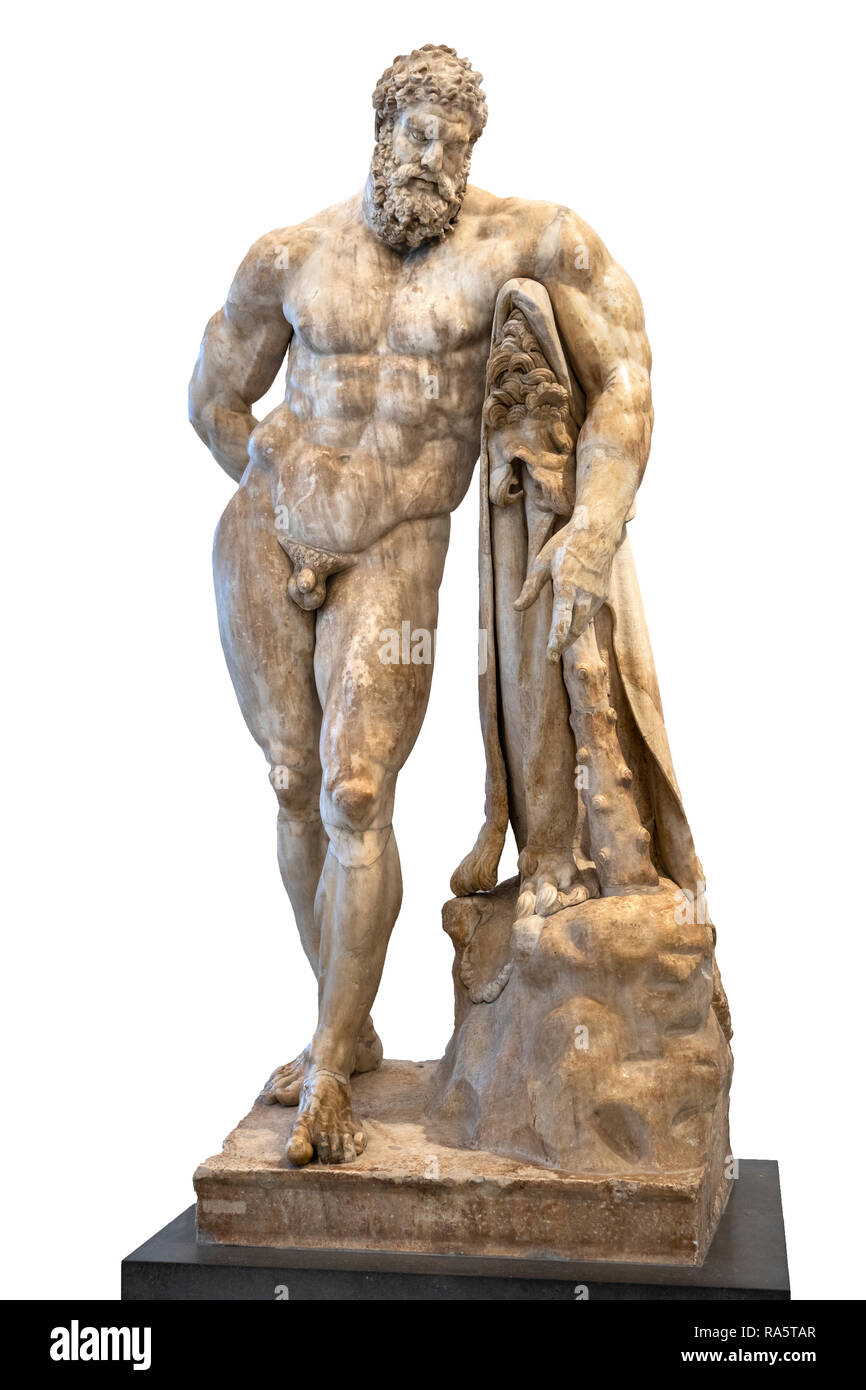 Una escultura de mármol de Hércules en reposo 2ª/3ª. cen. AD, una copia romana de un 4º cen. BC griego original. En el Museo Arqueológico Nacional en Nápoles Foto de stock