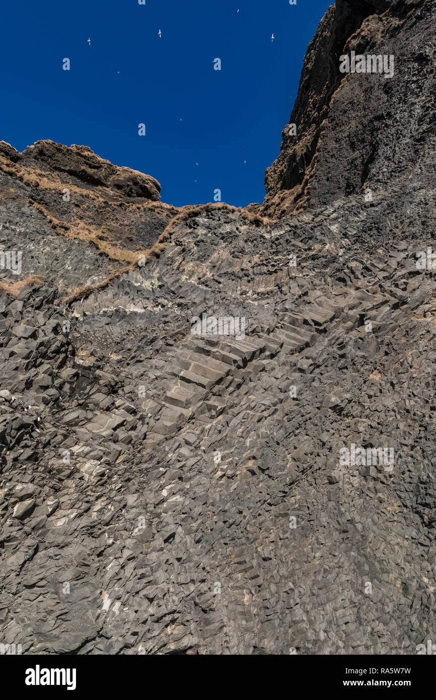 Formaciones de roca basáltica junto Reynisfjara playa de arena negra en Islandia Foto de stock