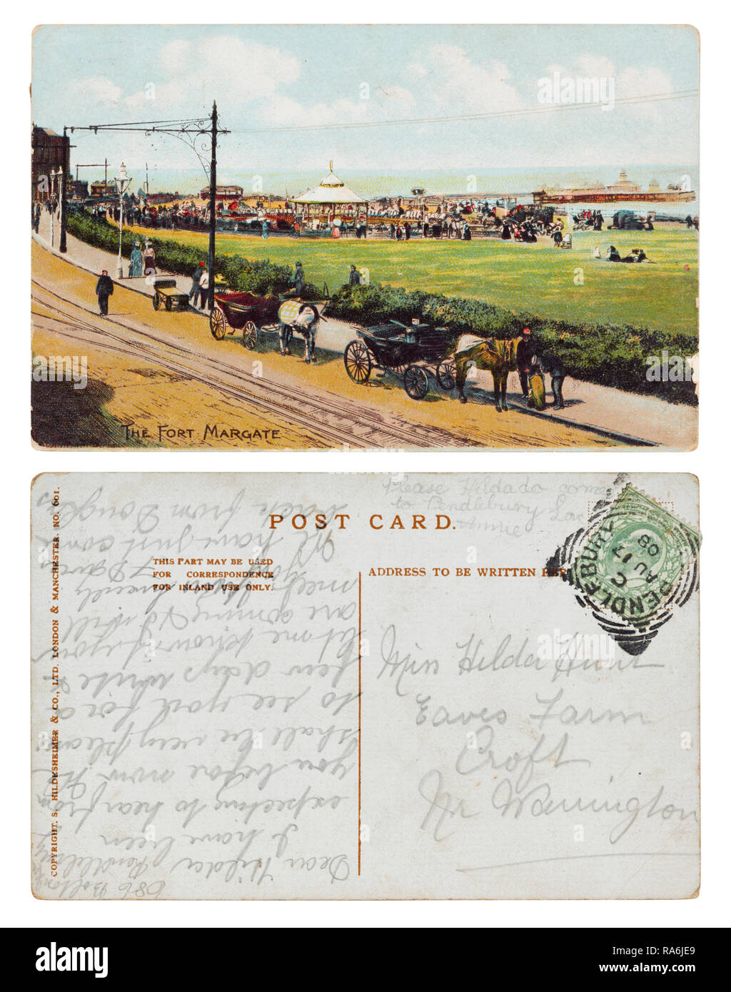 Postales de la Fort Margate enviados desde 686 Bolton Road, Pendlebury a la Srta. Hilda Hunt, aleros de granja, Croft, Warrington, en agosto de 1908 Foto de stock