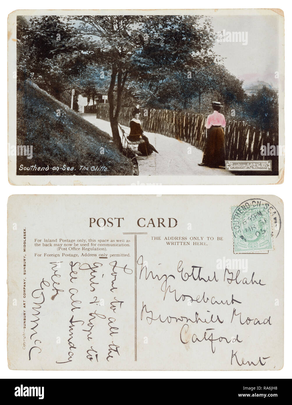 Postal de Southend on Mar enviada a Ethel Blake, Mosebank, Brownhill Road, Catford, Kent en 1905 Foto de stock