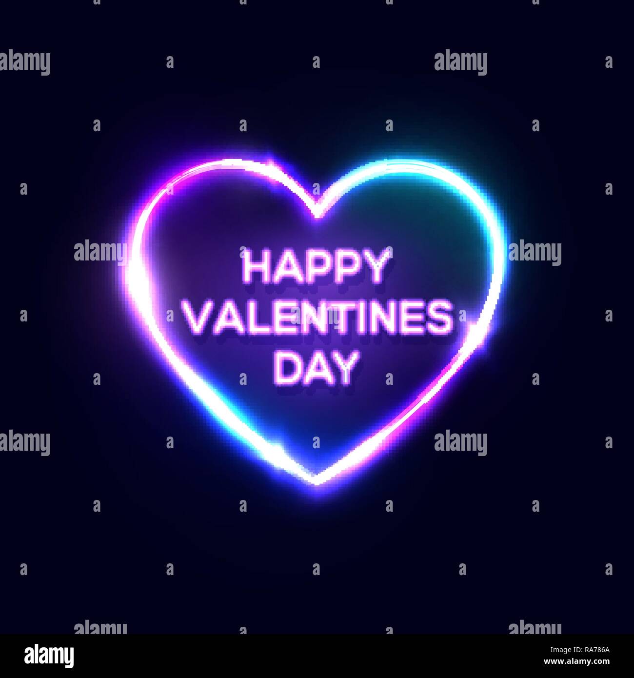 Feliz Día de San Valentín texto en el cartel de neón en forma de corazón. Diseño de tarjeta de felicitación brillantes sobre fondo azul oscuro de la noche. Led luz lámpara eléctrica decorativa banner. Color ilustración vectorial en retro estilo años 80. Ilustración del Vector