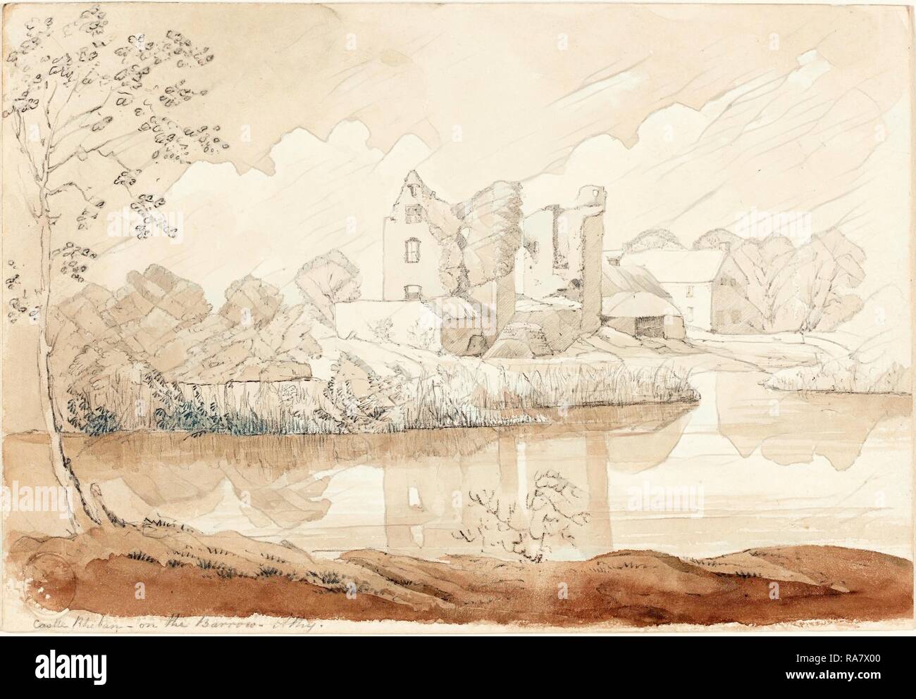 Atribuye a James Bulwer (británico, 1794 - 1879), el castillo Rheban sobre el Río Barrow, Athy, grafito y negro chalk reinventado Foto de stock