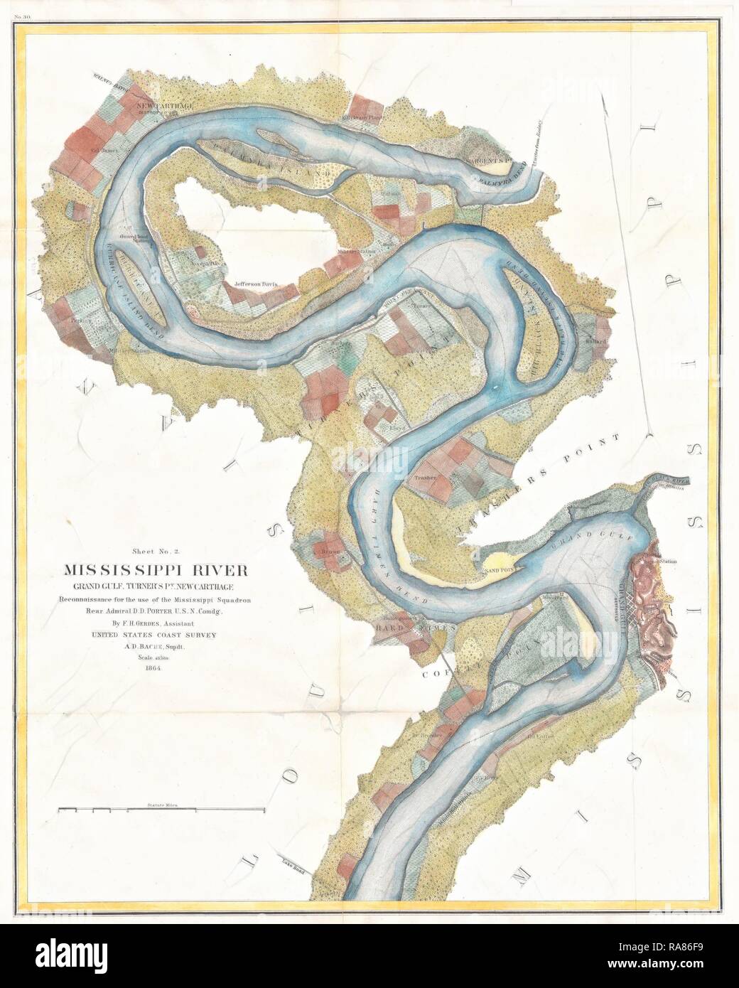 1864 U.S.C.S. Gráfico del Río Mississippi Grand Gulf a Nueva Cartago
