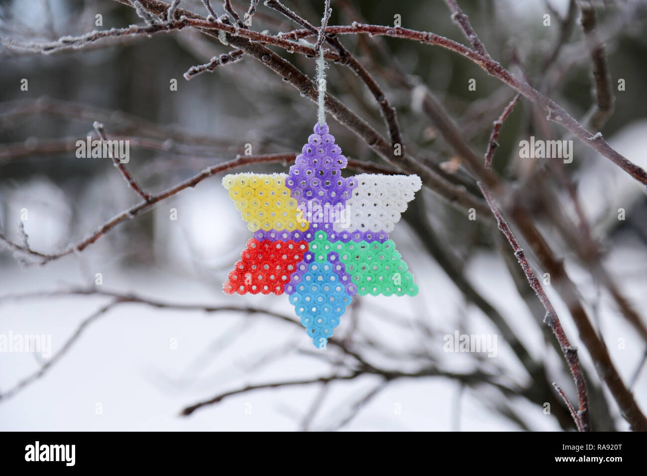 Decoración de plástico colgando en el árbol de invierno Foto de stock