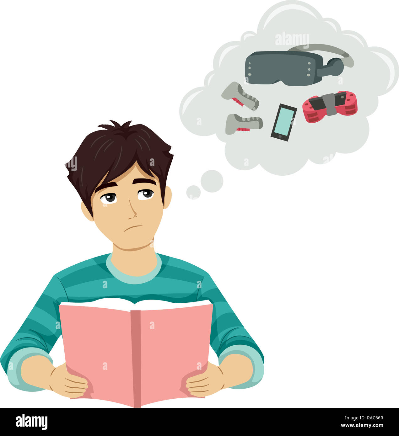 Ilustración de un chico adolescente leyendo un libro y el pensamiento de juegos que desea jugar Foto de stock