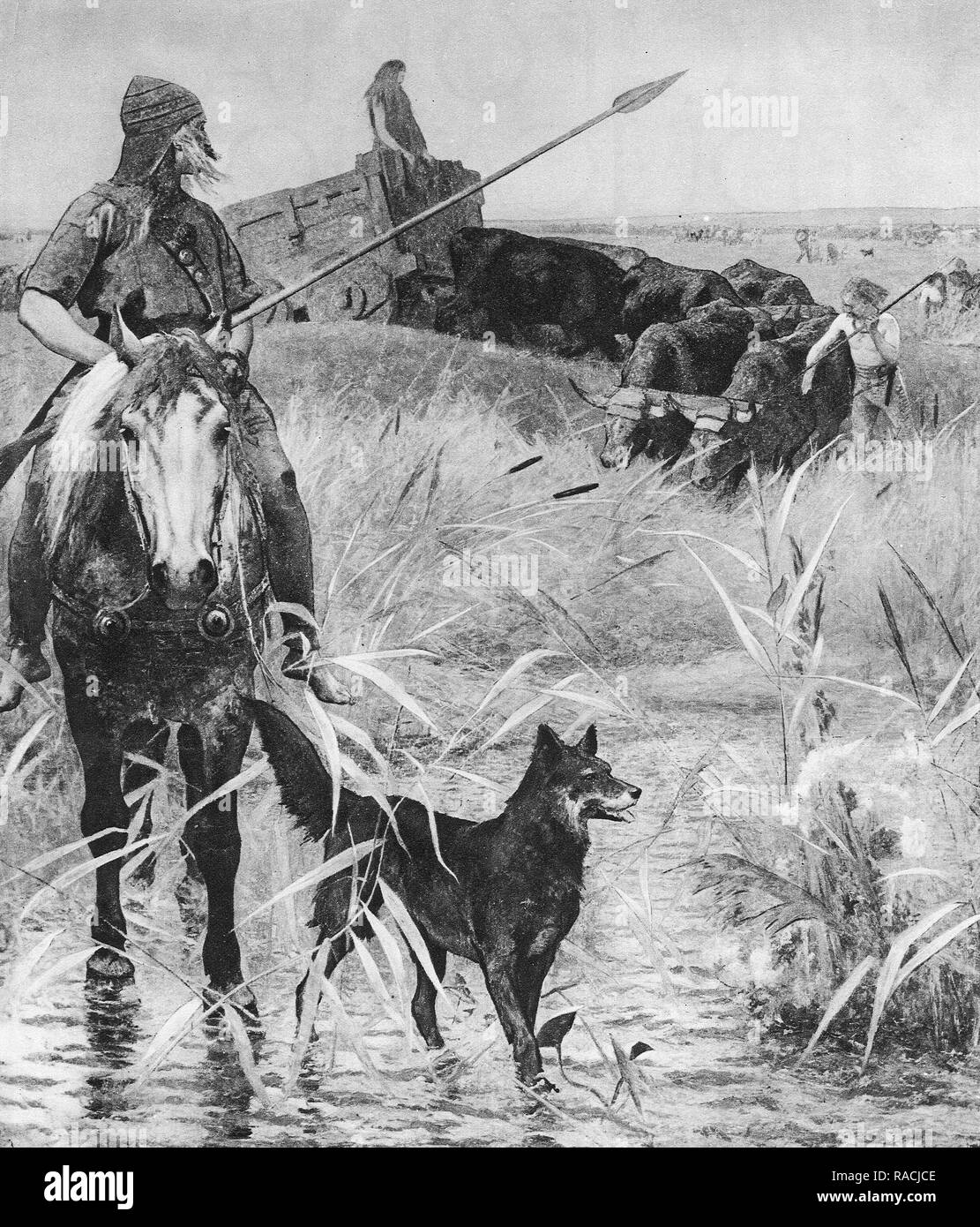 Lucha de campesinos con su carreta de bueyes en la antigua Gran Bretaña en el llamado de la edad de hierro. Foto de stock