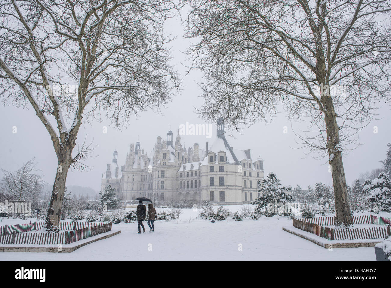 "Château de Chambord", un castillo de estilo renacentista, está registrado como un sitio del Patrimonio Mundial de la UNESCO y un Punto Histórico Nacional (en francés "Monumento hist Foto de stock