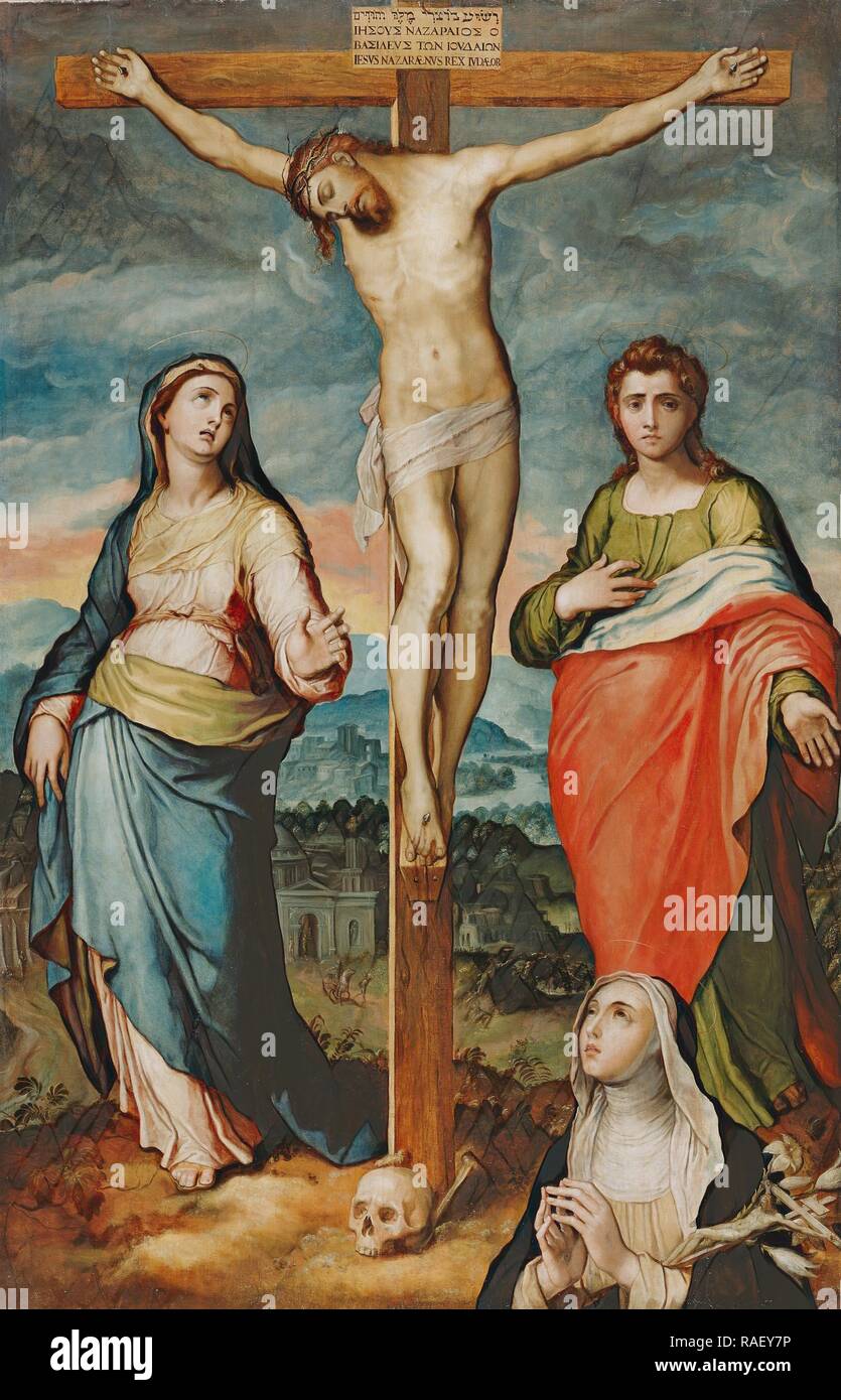 Cristo en la cruz con María, los Santos Juan Evangelista y Catalina de Siena, Marco Pino (Italiano (Napolitano reinventado Foto de stock