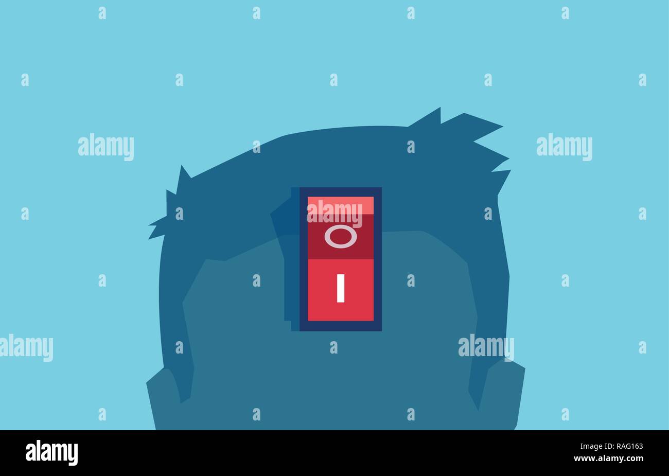 Vector de un cerebro de alimentación, interruptor de encendido funciona bien despierto. Cortar el pensamiento negativo concepto aislado en azul. Ilustración del Vector