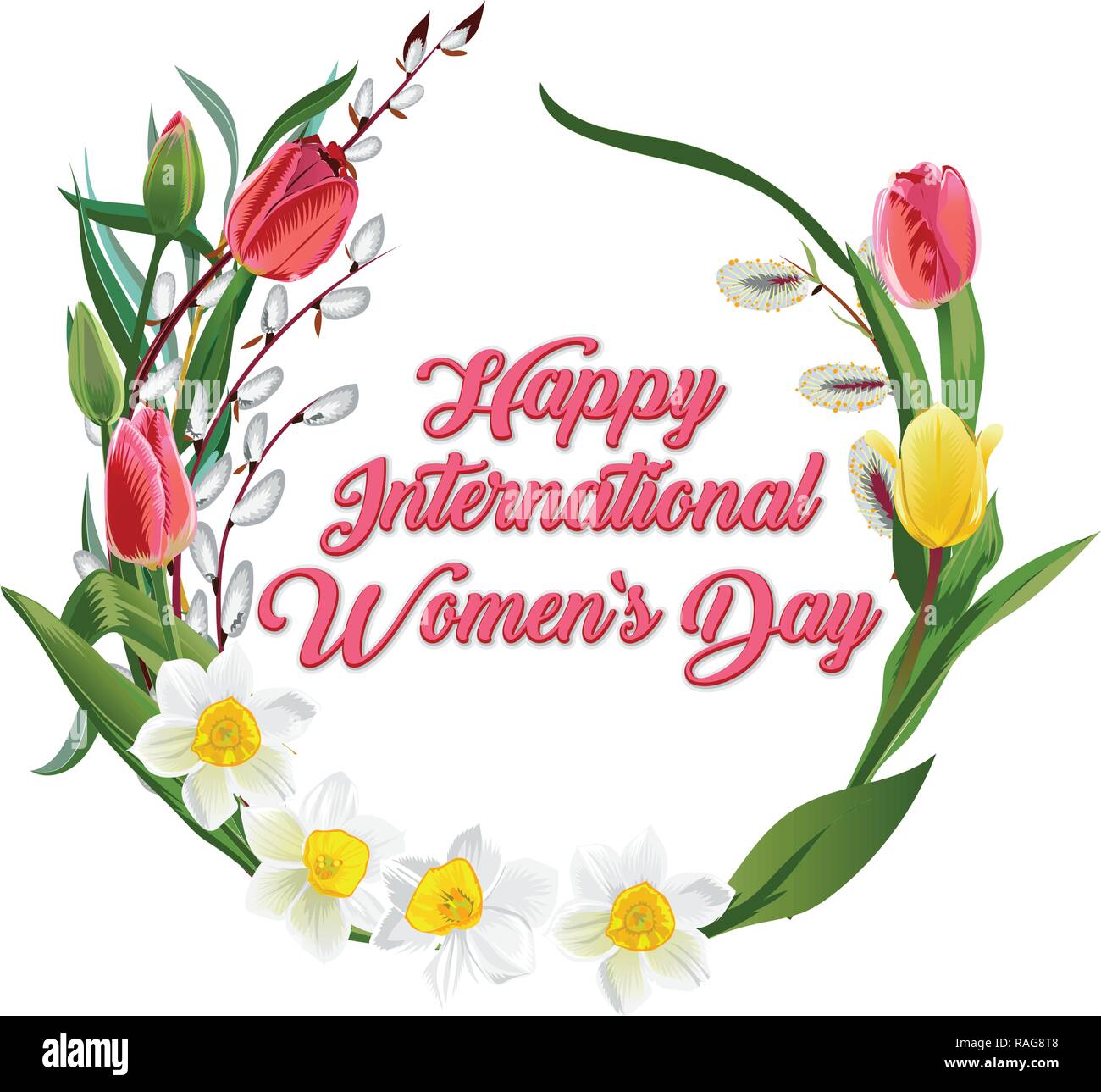 Feliz día de la mujer tarjeta de felicitación. Postal el 8 de marzo. Texto  con flores Imagen Vector de stock - Alamy