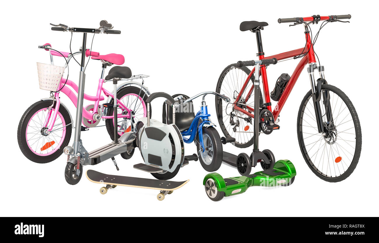 Triciclo para niños, bicicletas, bicicletas adulto, monociclo kick scooter eléctrico, monopatín y Self-balancing scooter. 3D rendering Fotografía de stock - Alamy