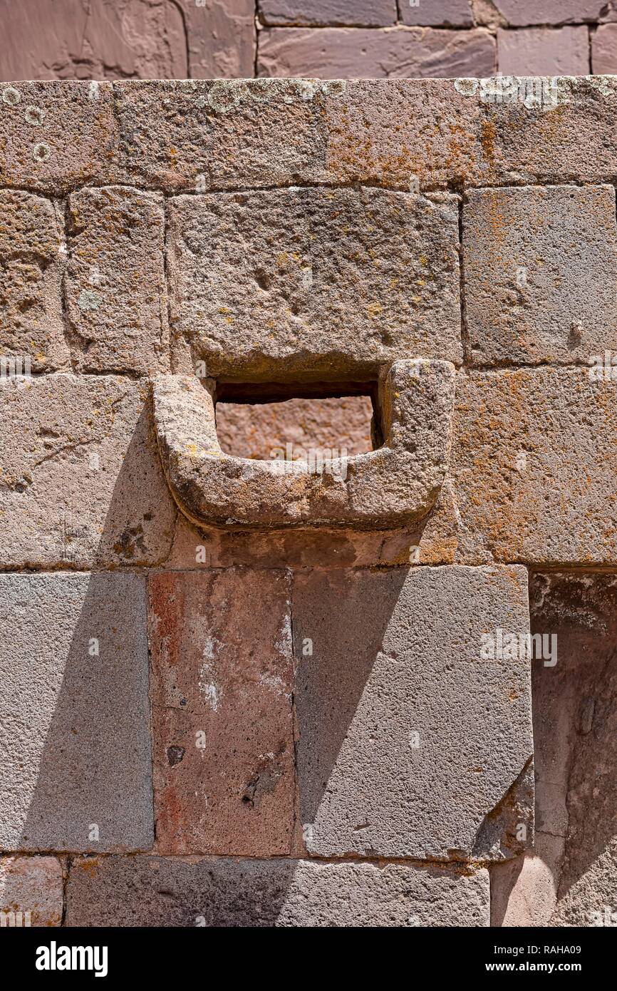Las gárgolas en Kalsasaya templo, Tihuanaku, Tiawanacu, Tiahuanaco, Sitio del Patrimonio Mundial de la UNESCO, Provincia Ingavi, La Paz, Bolivia Foto de stock
