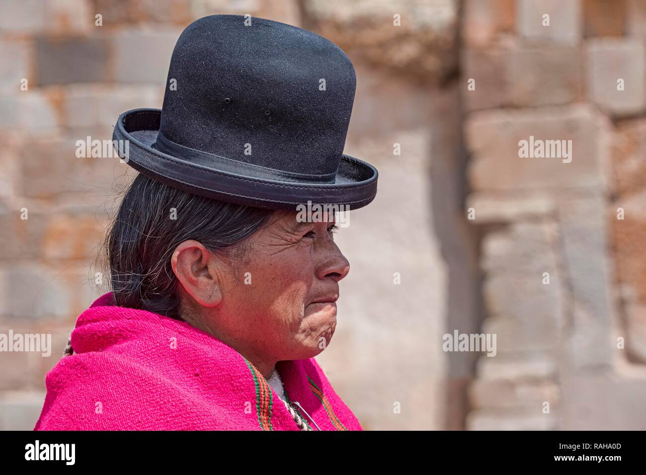Mujer indígena (chola, cholita) en típicos trajes nacionales (pollera, overskirt y bufanda, manta) con sombrero típico (melón Foto de stock